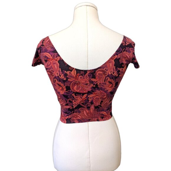 Womens Paisley Pink Crop Top Bodycon Boho Casual School T Shirt Ribbed Sz S - Picture 6 of 8